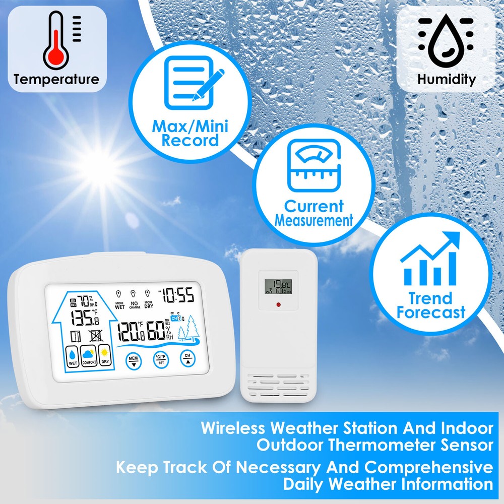 Wireless Clock Display Battery Thermometer Temperature Sensor Weather Station US