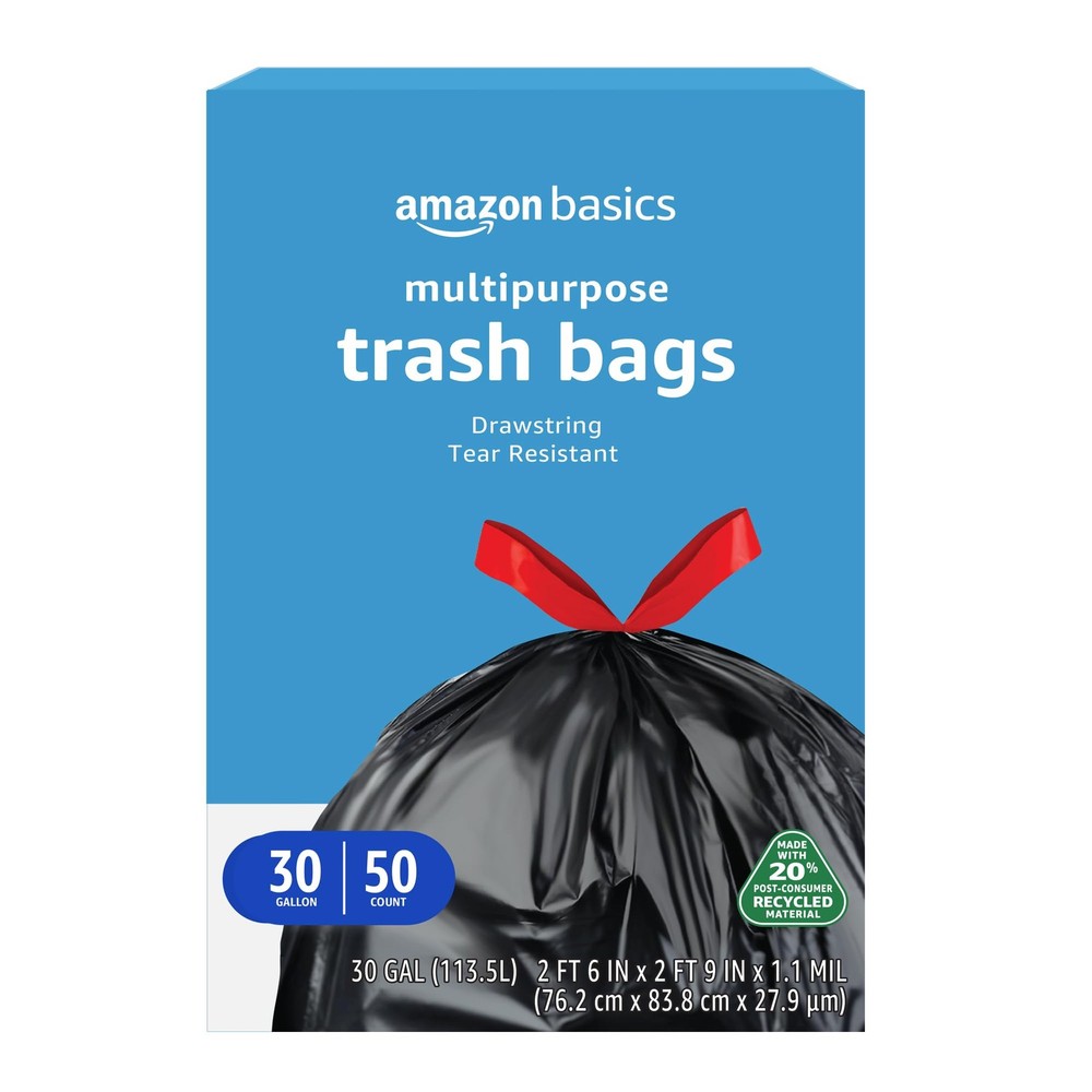 30 Gallon Multipurpose Drawstring Trash Bags 20% Post Consumer Recycled Black