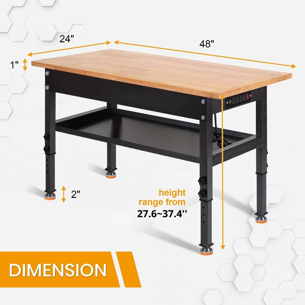 48"Adjustable Workbench with Partition, Rubber Wood Work Bench Heavy-Duty