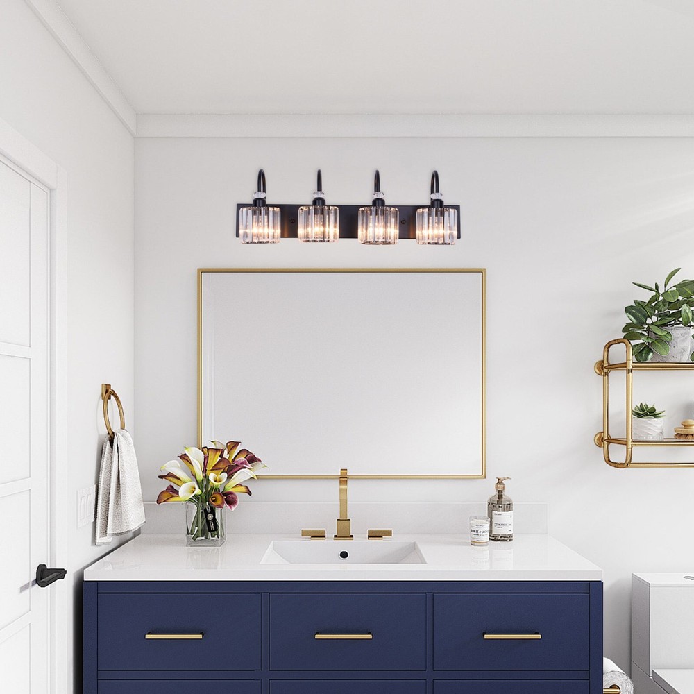 31.5" 4-Light Black Crystal Vanity Light, E26 Base, Iron Frame, , No Bulbs