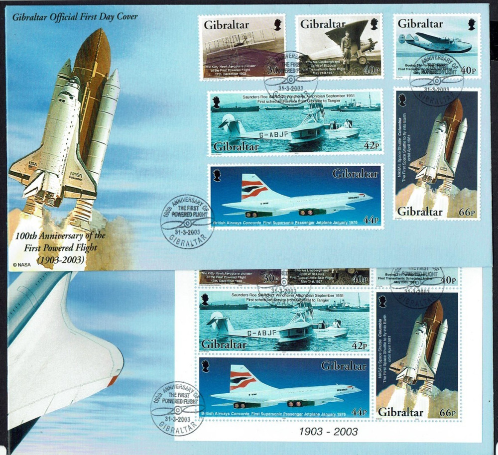 Gibraltar: 2003 Centenary of Powered Flight, 2 FDCs set + M/sheet,