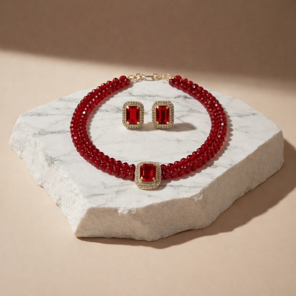 Red Crystal Beaded Choker Set with Rhinestone Rectangular Charm