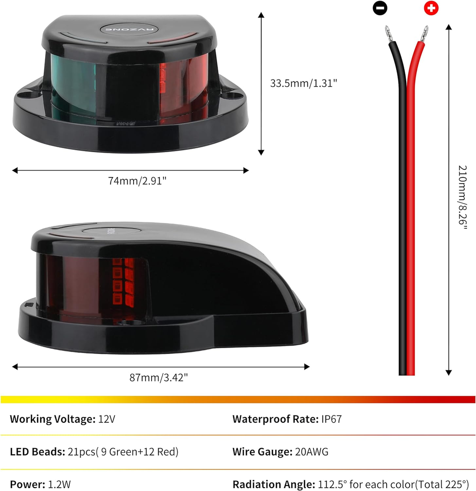 LED Boat Navigation Lights, IP67 Waterproof, (Black)