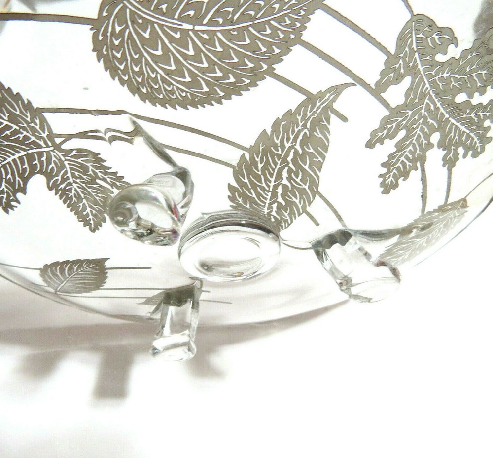 Rhodium Silver Plated Glass Candy Dish Leaf Pattern 7.5