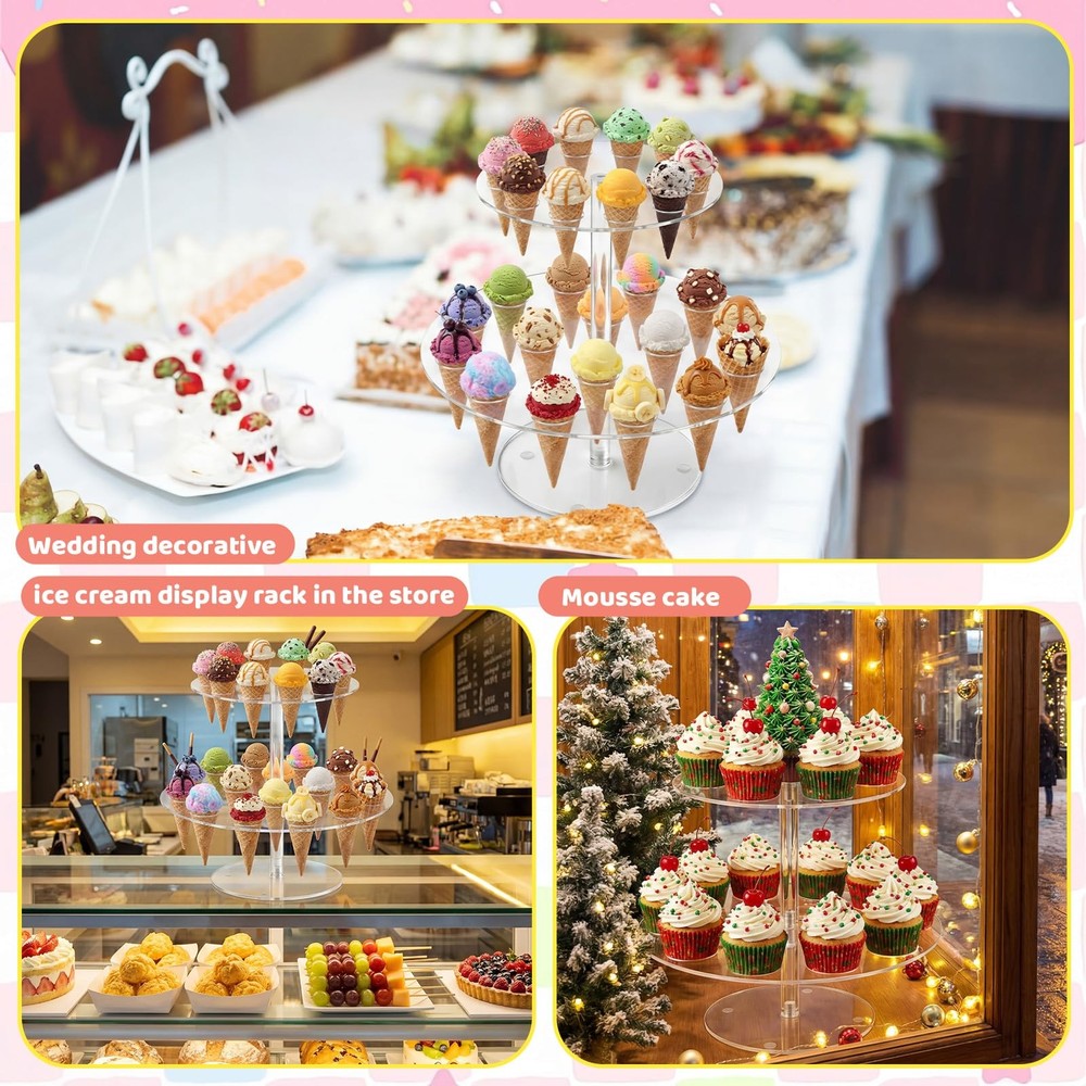 FoldTier 2 Pack Acrylic Ice Cream Cone Holder 2 Tier Waffle Cone Display Stan...