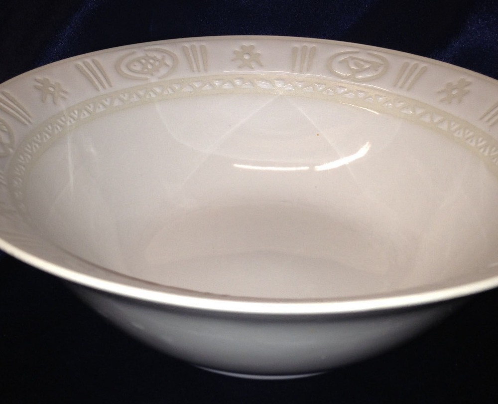 SANGO STONEWARE BISCAYNE 9 1/2" ROUND VEGETABLE BOWL TAN BORDER ON WHITE