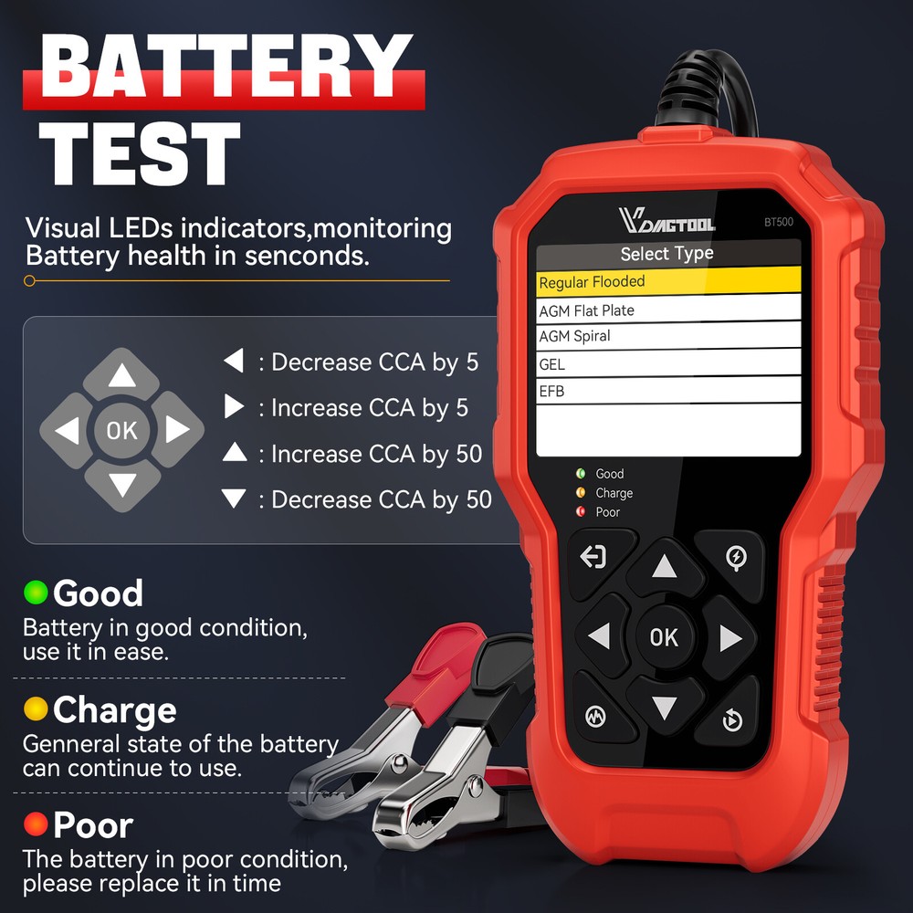 VDIAGTOOL BT500 100-3000 CCA Car Auto Load Battery Tester Tool Digital Analyzer