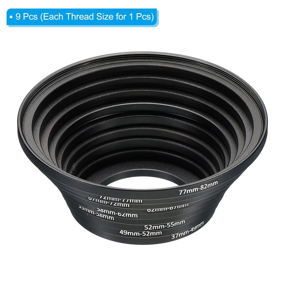 Step Up Rings Set, 9 Pack Lens Filter Adapter Ring for Camera Lenses, Black