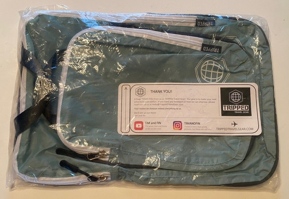 Tripped Compression Packing Cubes 2 Piece Set for Carryon Suitcase Teal & White