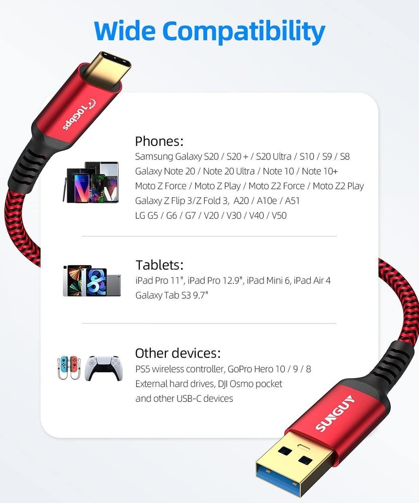 USB C Android Auto Cable 1ft, 3a USB a to C USB 3.1 USB 3.2 Gen2 10gbps Data