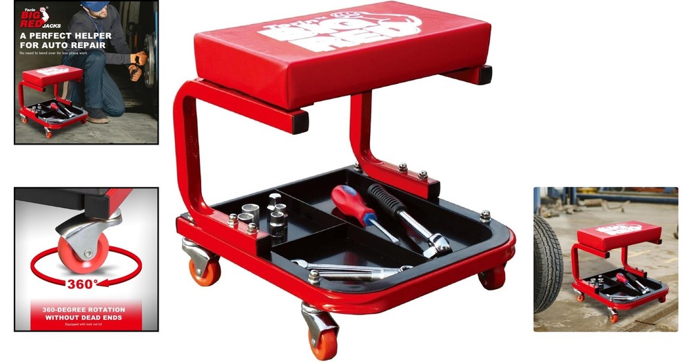 Comfortable Red Rolling Creeper Mechanic Stool with Tool Tray - 250 lbs Capacity