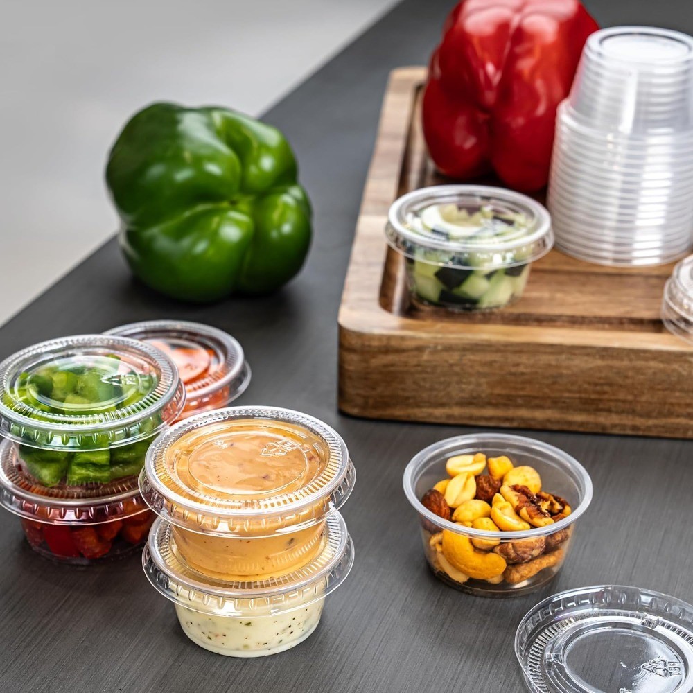 Disposable Plastic To-Go Cups with Lids Mini 2oz Small Sampling Cups 50 Count