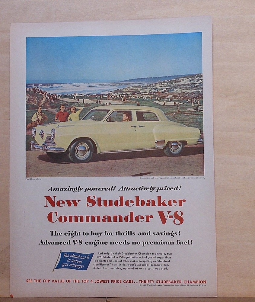 1951 magazine ad for Studebaker - yellow Commander at golf course, Thrills