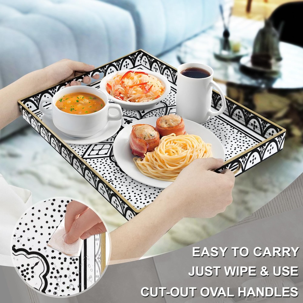 Plastic Serving Tray with Handles Rectangular Black Flower Pattern 15.8x11.8 In