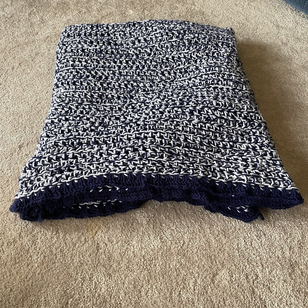 Hand Crocheted Navy And White Afghan Throw Blanket