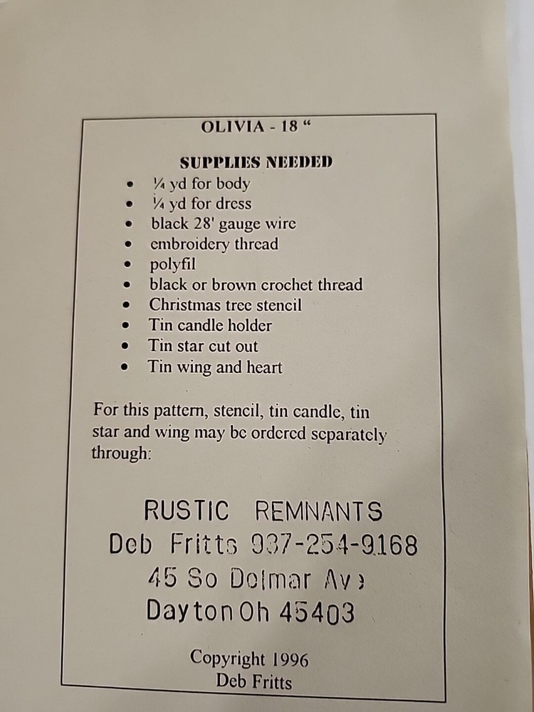 Rustic Remnants Olivia Cloth Doll Pattern Angel