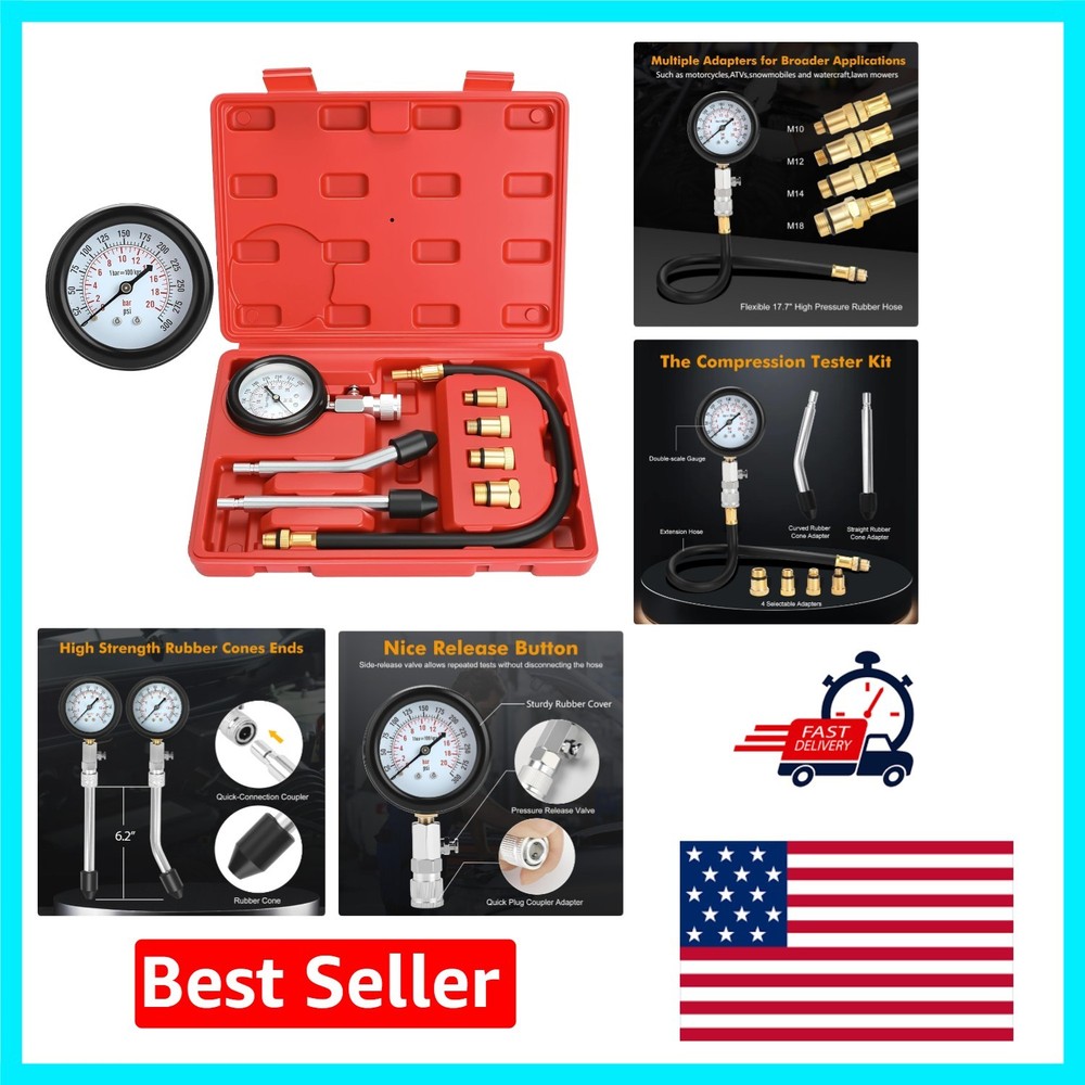 Comprehensive Petrol Engine Compression Testing Kit - 8pcs with Gauge & Hose