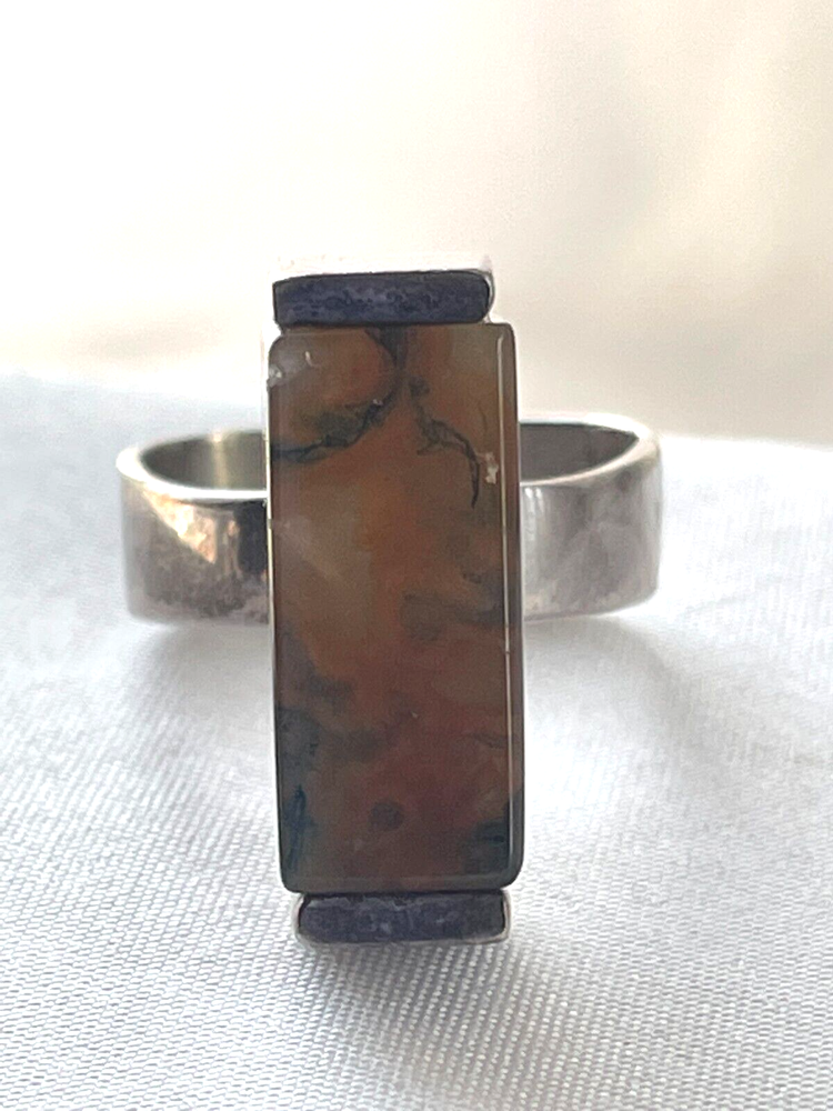 VINTAGE DENMARK STERLING SILVER MODERNIST MOSS AGATE RING SIZE 9
