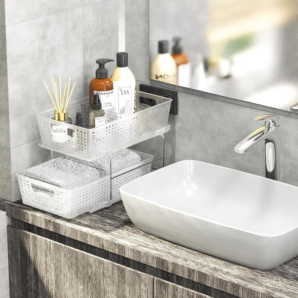 Simple Houseware 2 Tier Bathroom Organizer Tray Pull-Out Sliding Clear