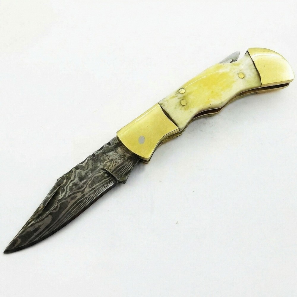 Tactical Scout Damascus Folding Knife Bone Handle Heavy Duty Survival EDC Folder