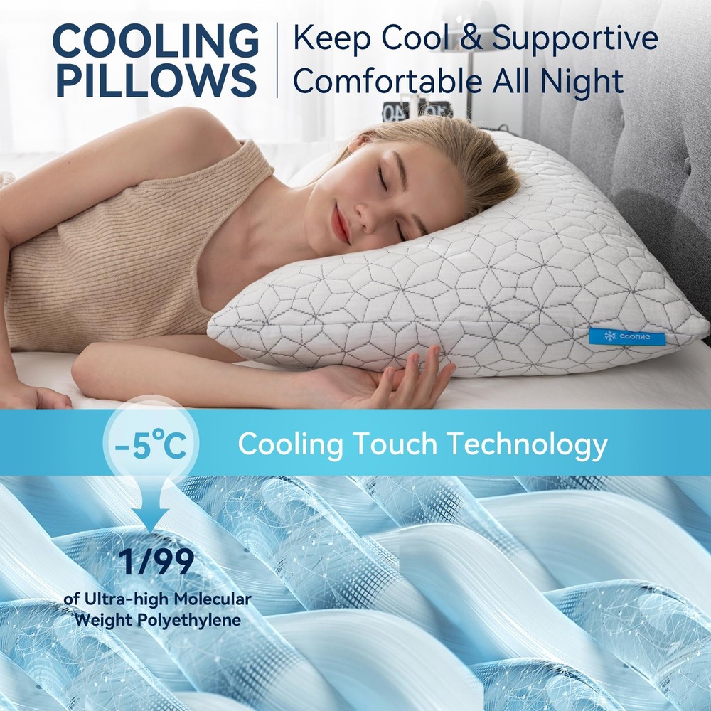 Cooling Shredded Memory Foam Pillows for Sleeping 2 Pack, Adjustable Bed Pill...