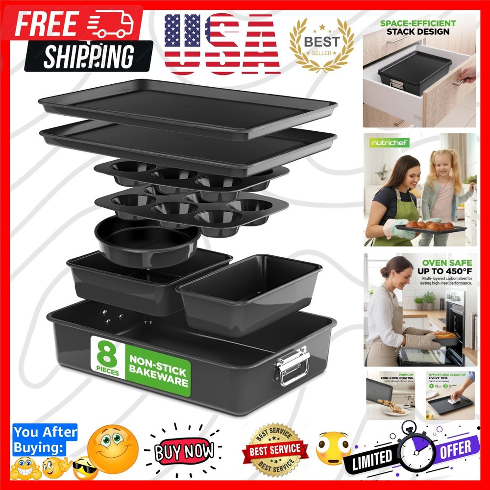 8-Piece Stackable Nonstick Bakeware Set -  Steel Baking Pans Set - Includes R...