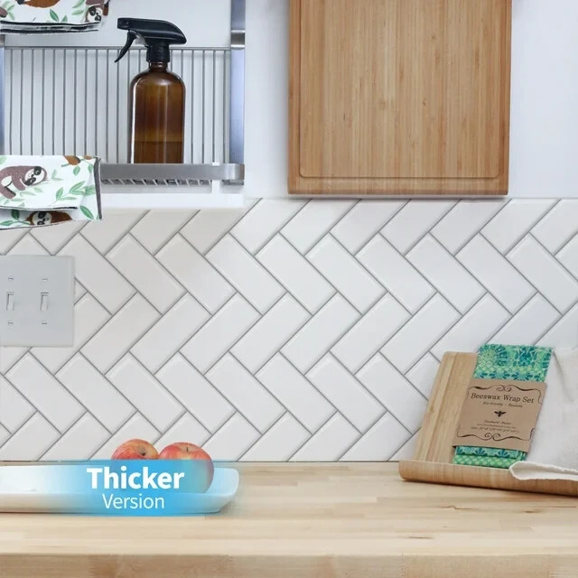 White Herringbone Peel and Stick Backsplash Tiles 10 Tiles Thicker Version