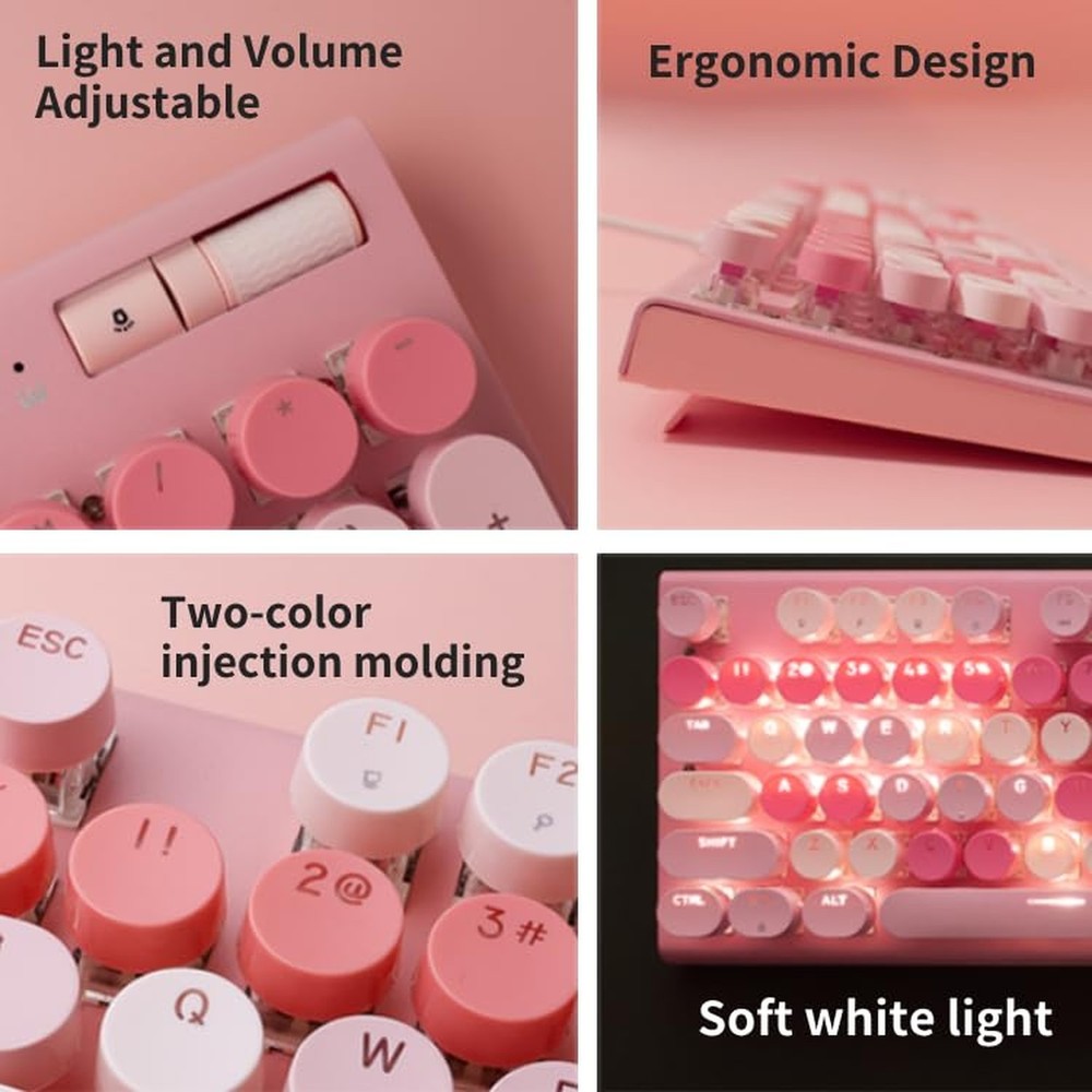 Cute Pink Keyboard Wired, with White Backlit Typewriter, Volume Knob, Light S...