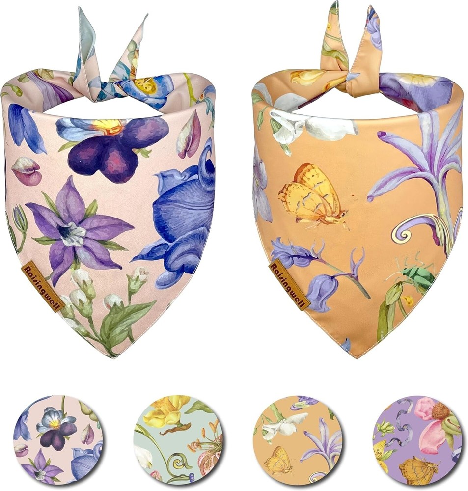 Summer Dog Bandanas 2 Pack 4 Pattern Reversible Spring Flower Triangle Scarf