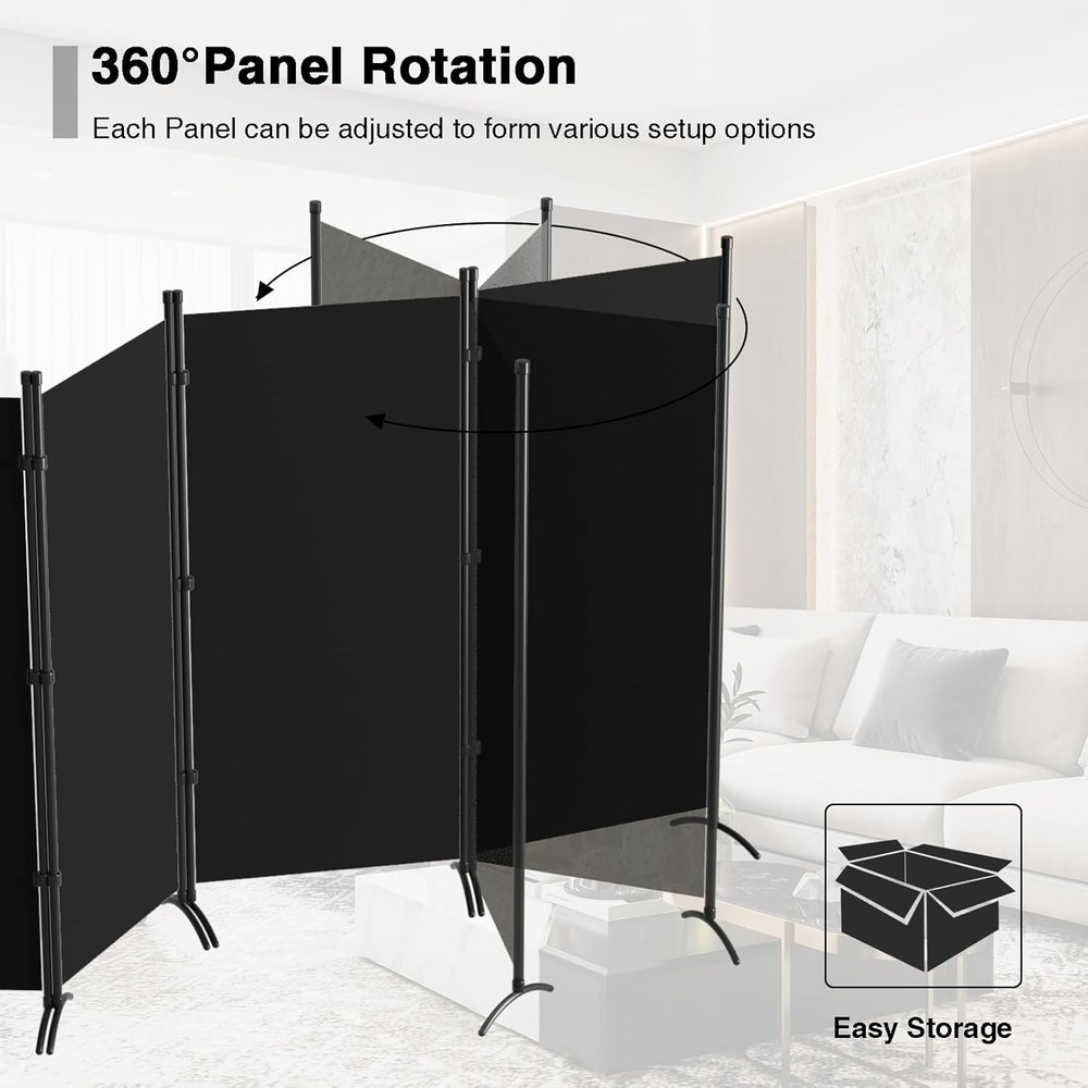 6-Panel Folding Room Divider 6FT Rolling Privacy Screen /Black