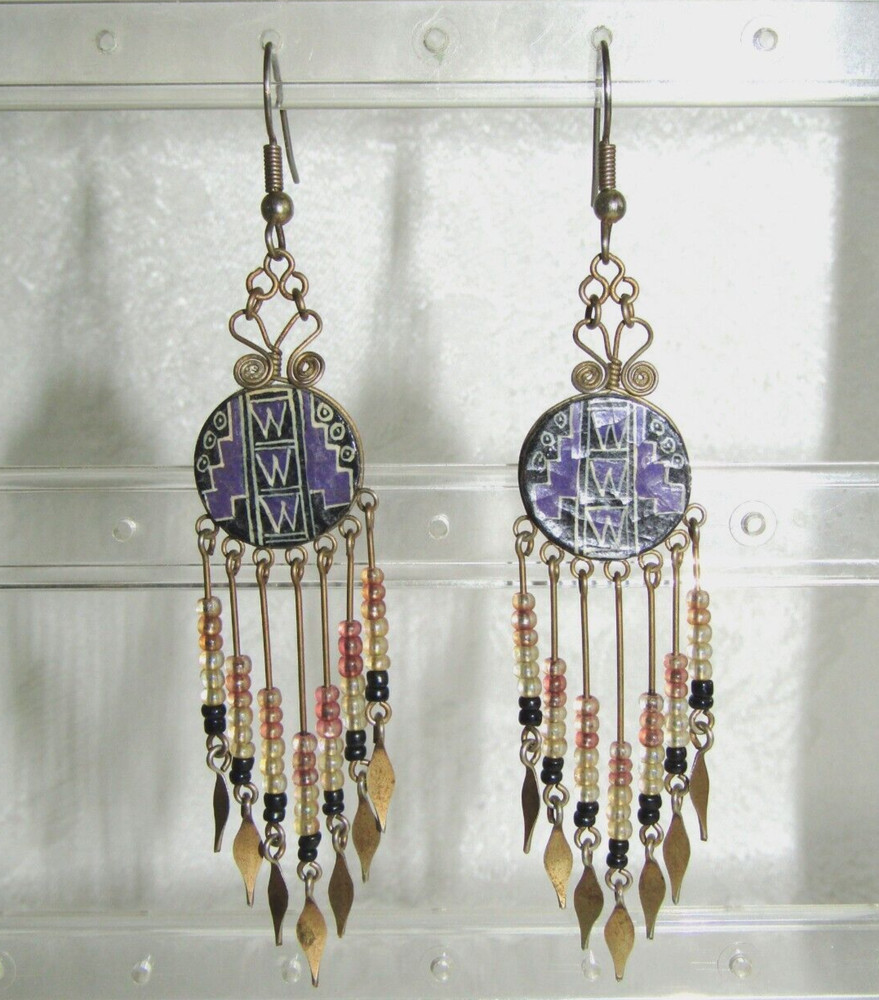 Handmade Hand Painted Boho Beaded Drop Dangle 3.5" Hook Earrings