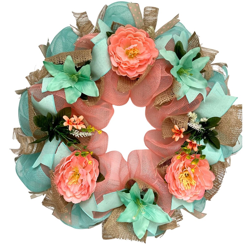 Melon and Mint Spring Floral Wreath Handmade Deco Mesh