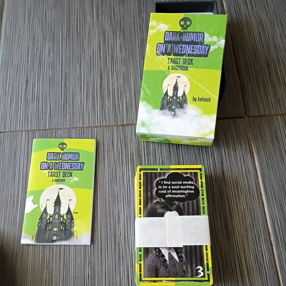 dark humor on a wednesday tarot deck& guidebook