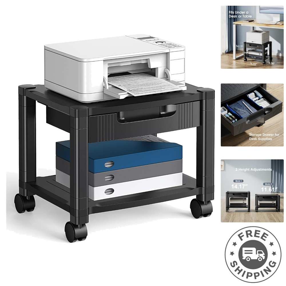 Versatile Printer Table with 2-Tier Storage & Easy Mobility on Locking Wheels