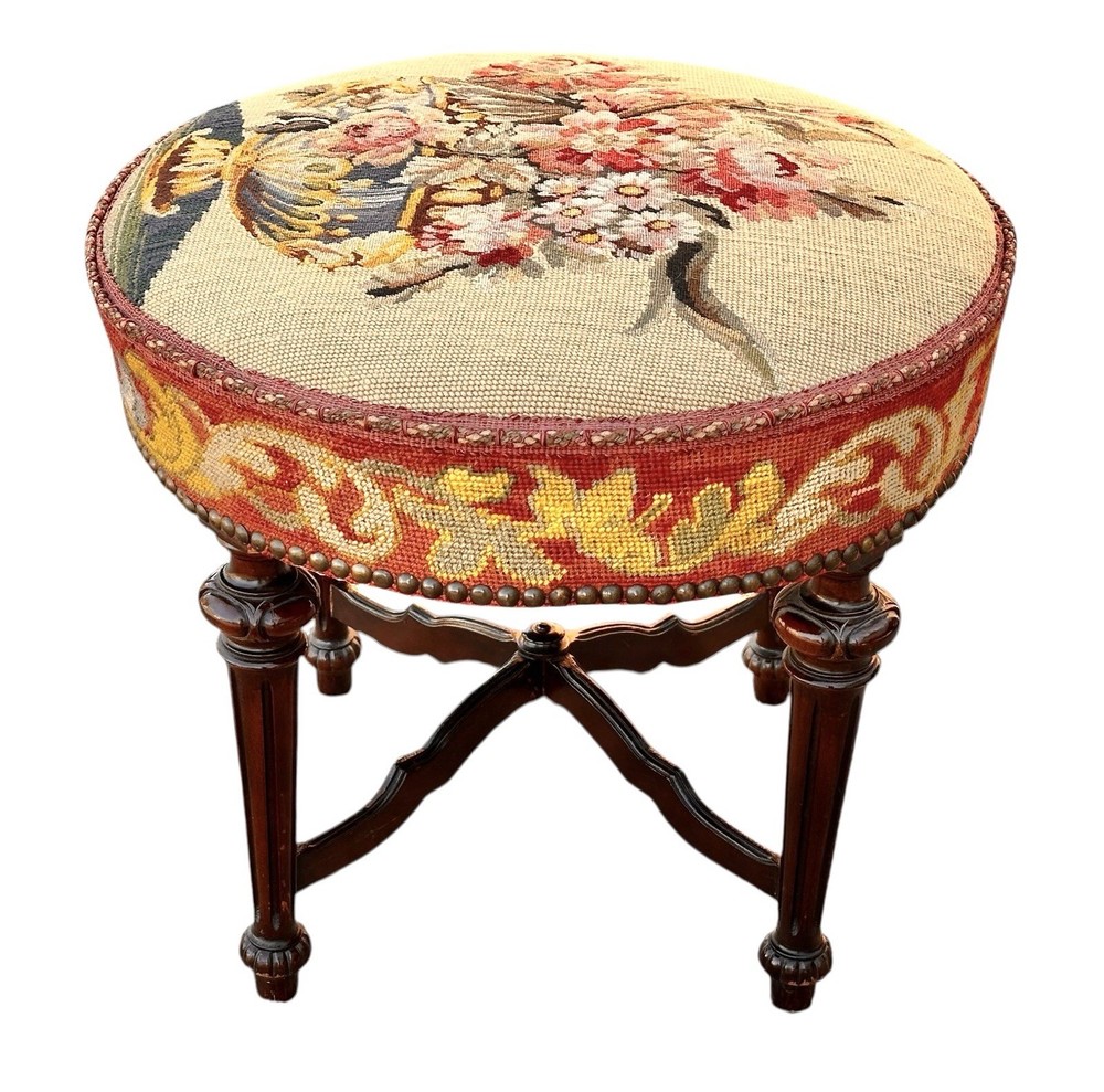 Antique Stool with Needlepoint Floral