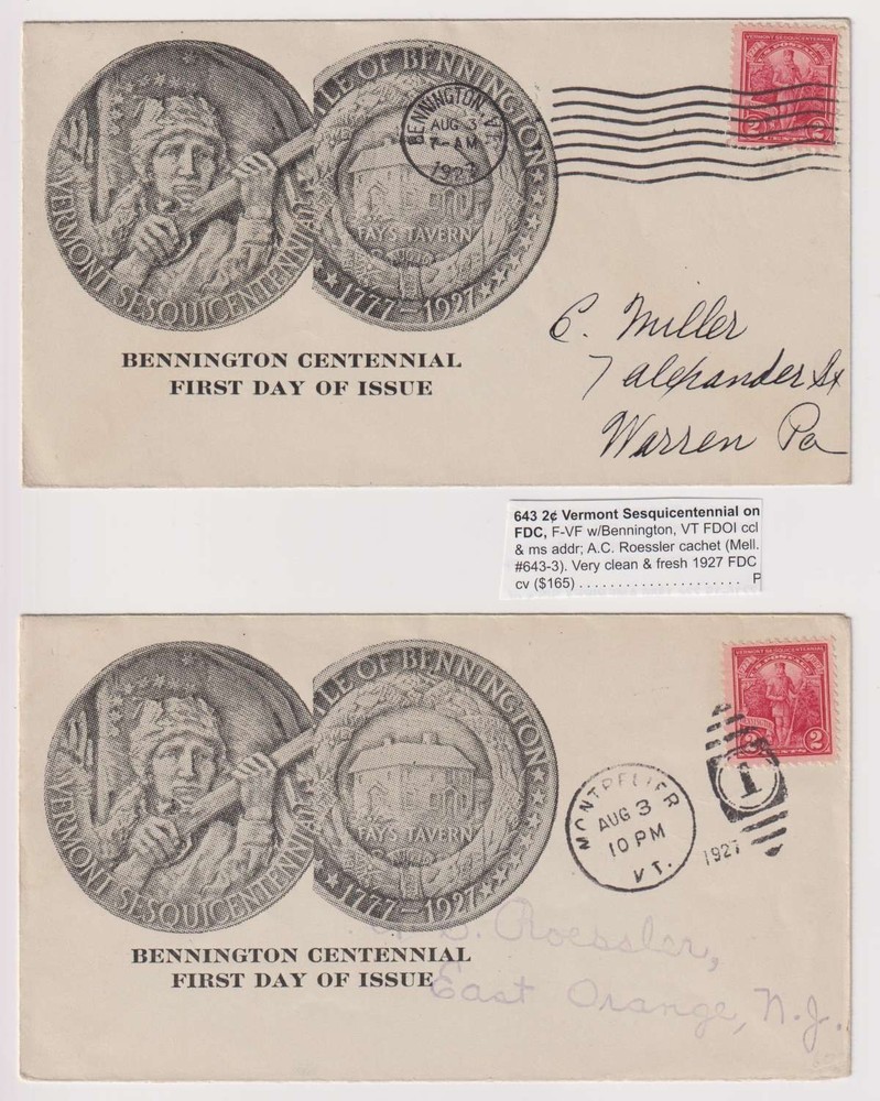 E4658: (2) US #643 FDC, Roessler Cachets; Cost: $330