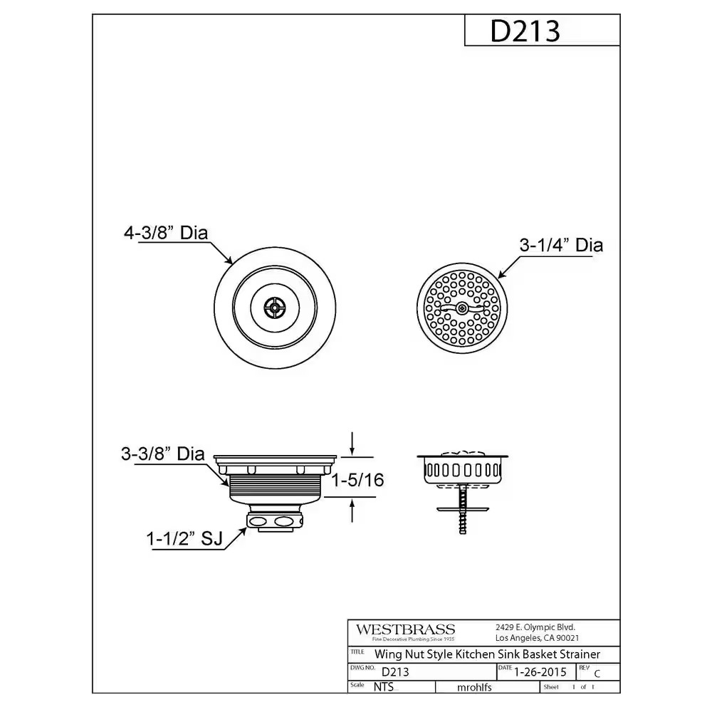 3-3/8 In. Brass Wing Nut Style Kitchen Sink Strainer