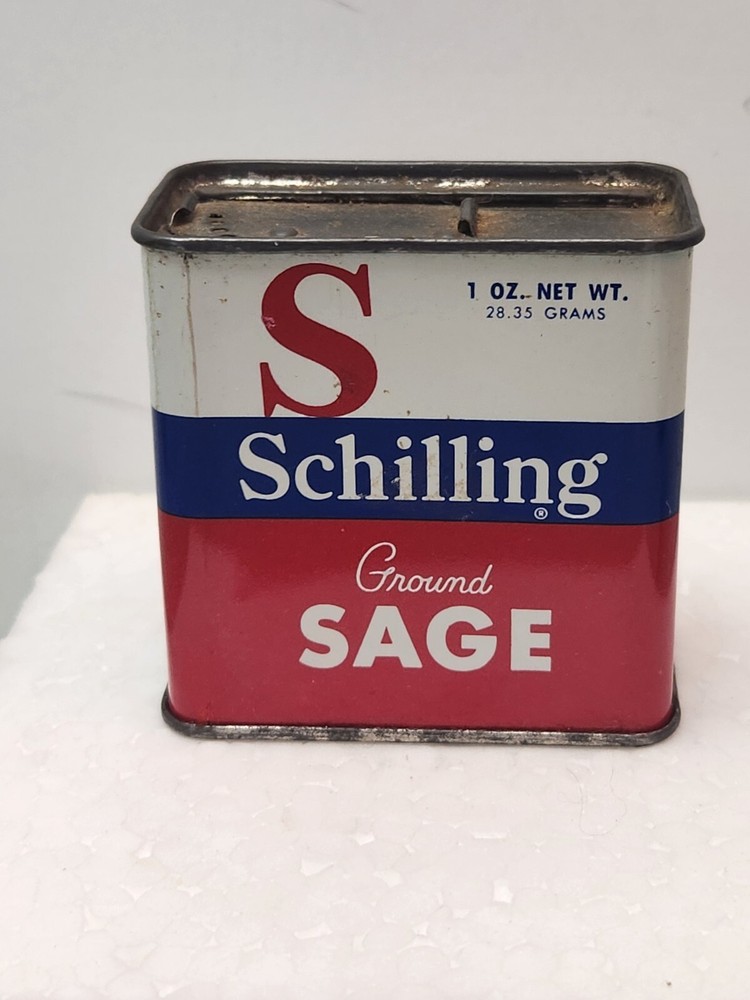 1950's SPICE TIN SCHILLING Ground SAGE 1 OZ. MCCORMICK & CO.