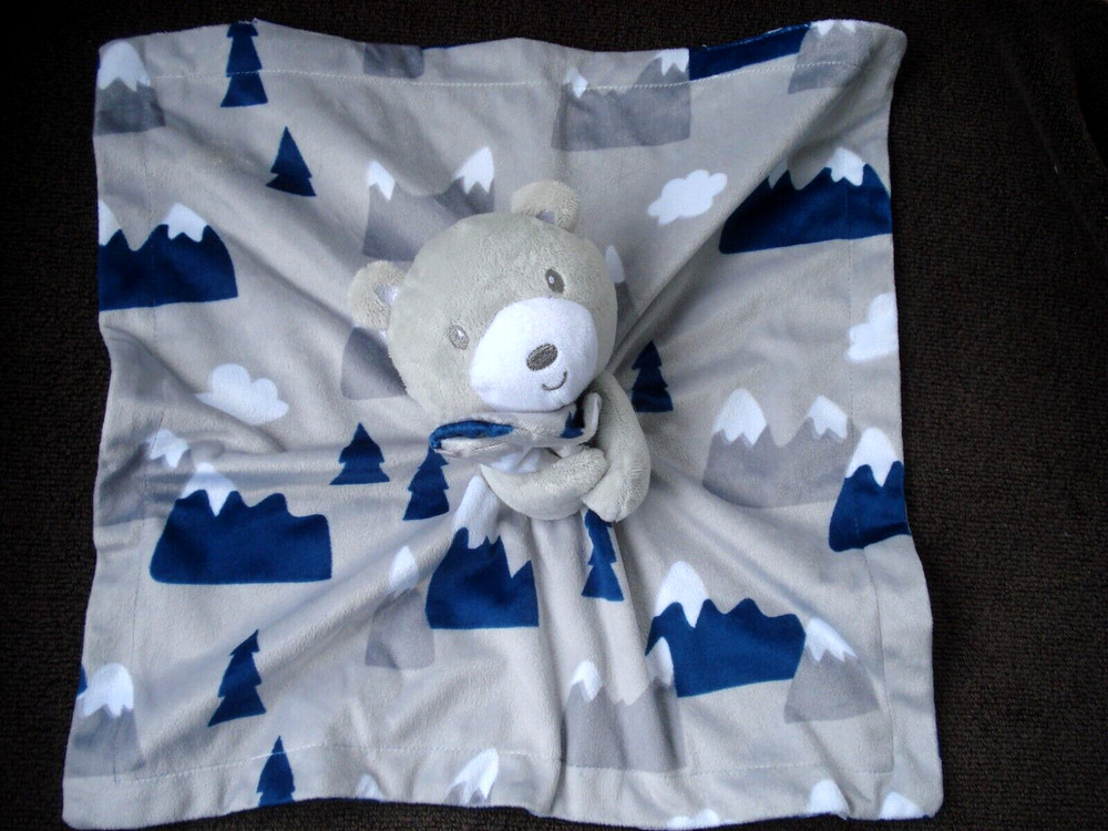 Baby Essentials Plush Blue Gray Bear Security Blanket Mountains Clouds NEW