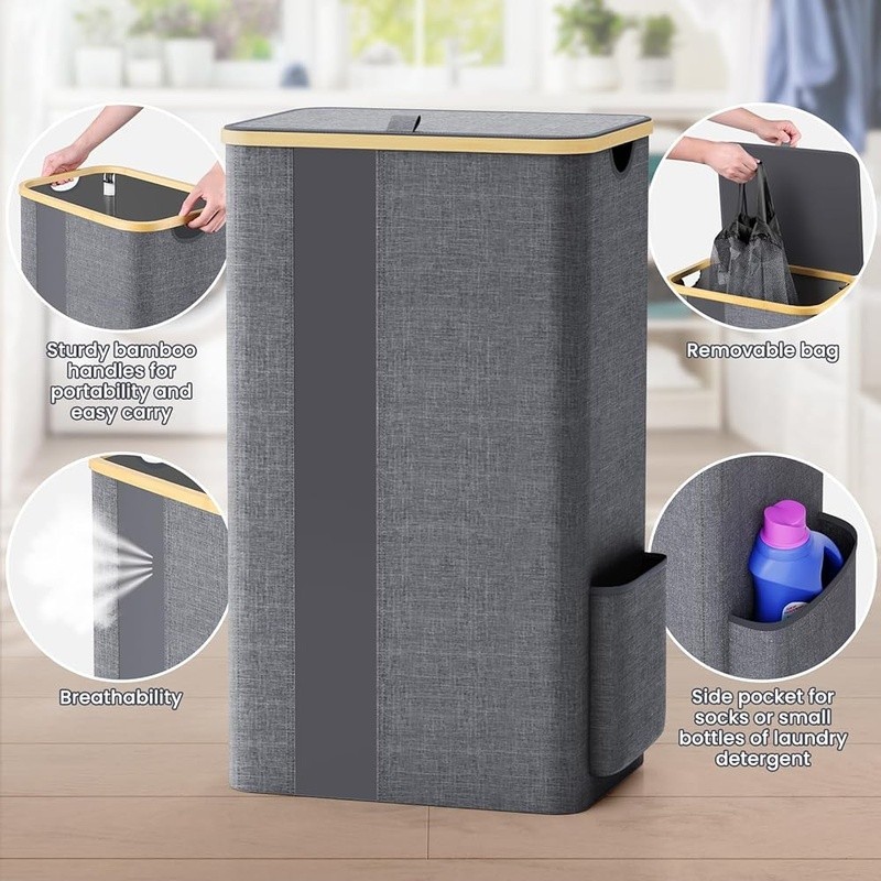 Bamboo Laundry Hamper W/ Removable Mesh Bag Breathable Side Pocket 100L Capacity