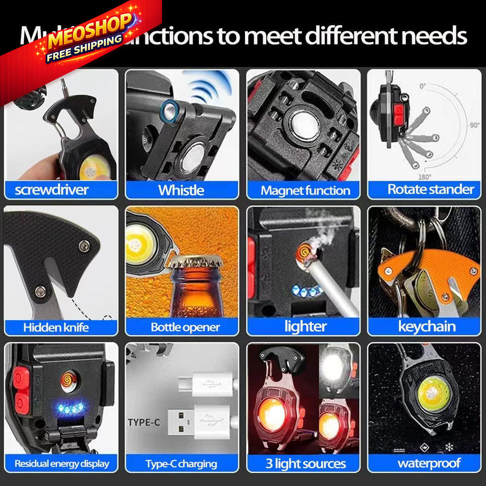 COB Keychain Work Light Flashlights 7 Modes Blue