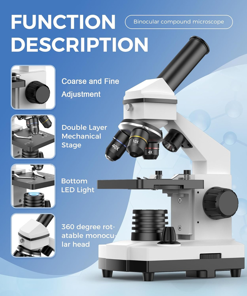 Compound Microscope for Adults & Students - 100X-2000X High-Power Biological Mic