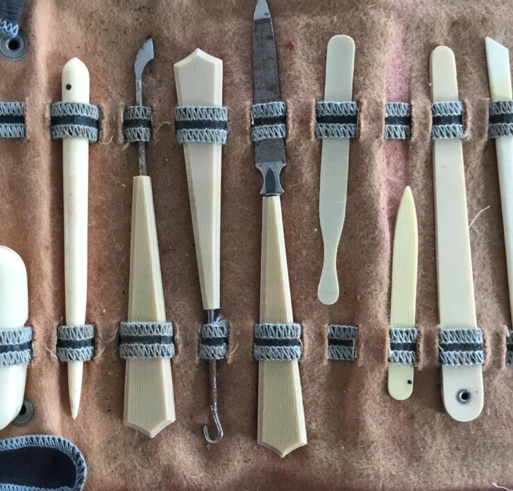 Antique CELLULOID MANICURE SET Lined Original Leather Case 12 PCs Plus Case