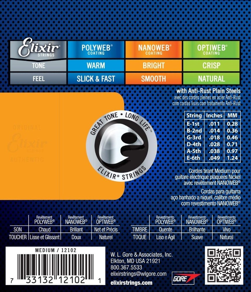 Elixir Strings 12102 Nickel Electric Guitar Nanoweb Coating, Medium .011-.049