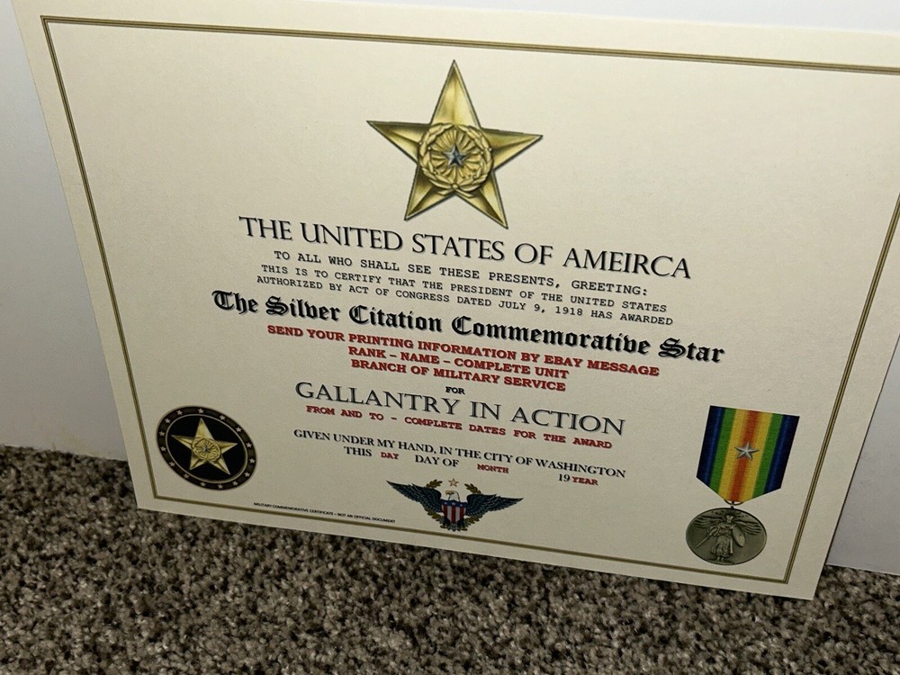WW1 - SILVER CITATION COMMEMORATIVE CERTIFICATE ~ CUSTOM PRINTING T-1