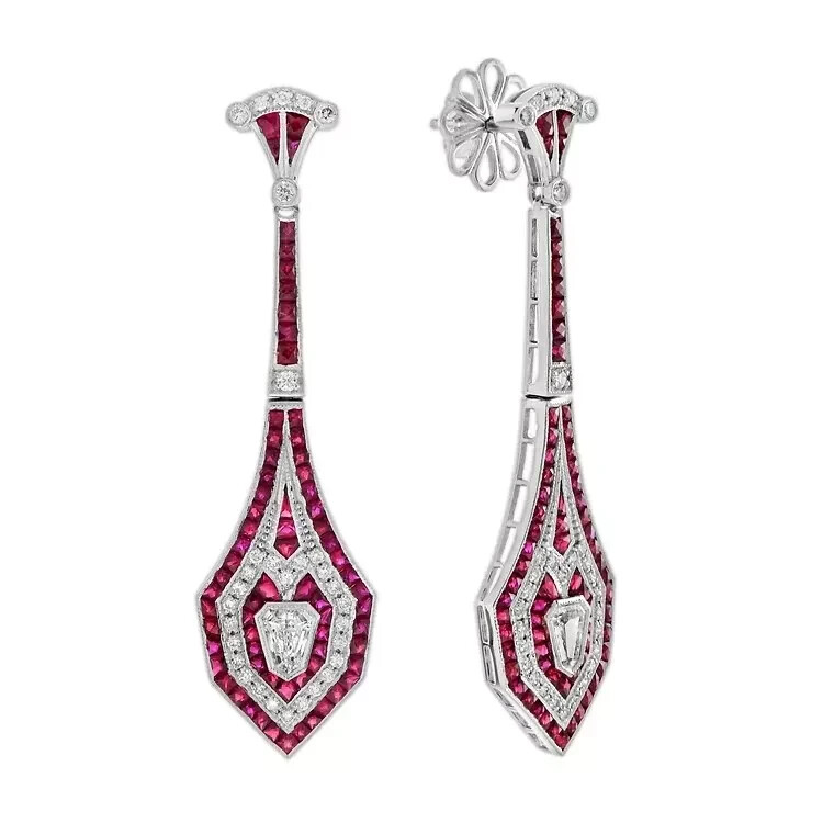 14k White Gold Finish Art Deco Style Lab-Created Diamond & Ruby Dangle Earrings
