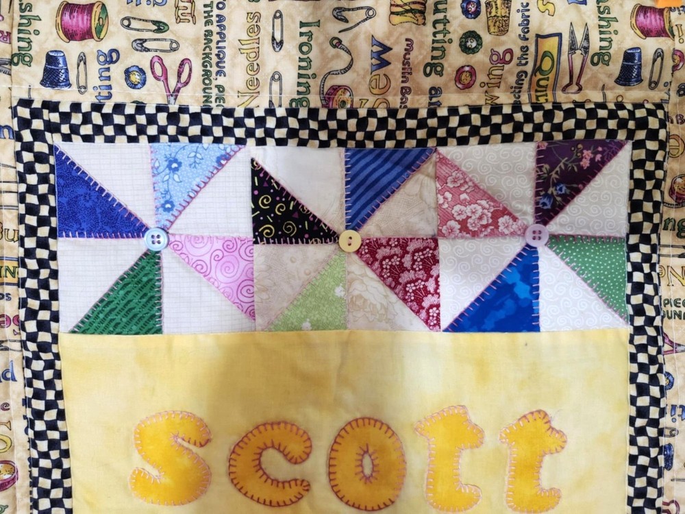 Vintage Handmade Quilted Wall Hanging Sewing Machine & Scott Name Panel Patchwor