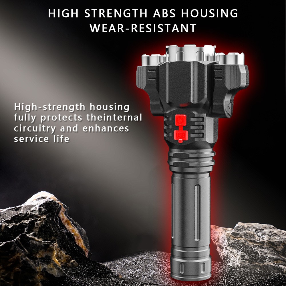 Super Bright 3 Head LED Flashlight Rechargeable Tactical Flashlights Work Light