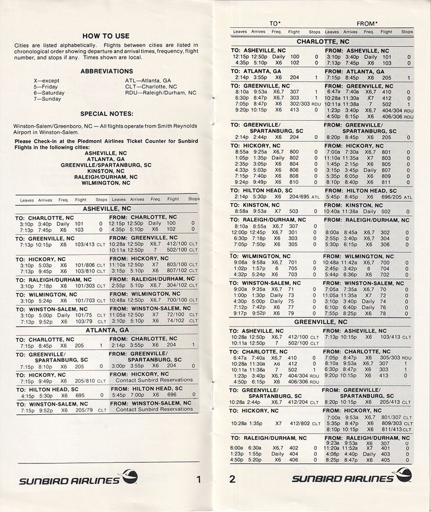 Sunbird Airlines timetable 1984/06/01