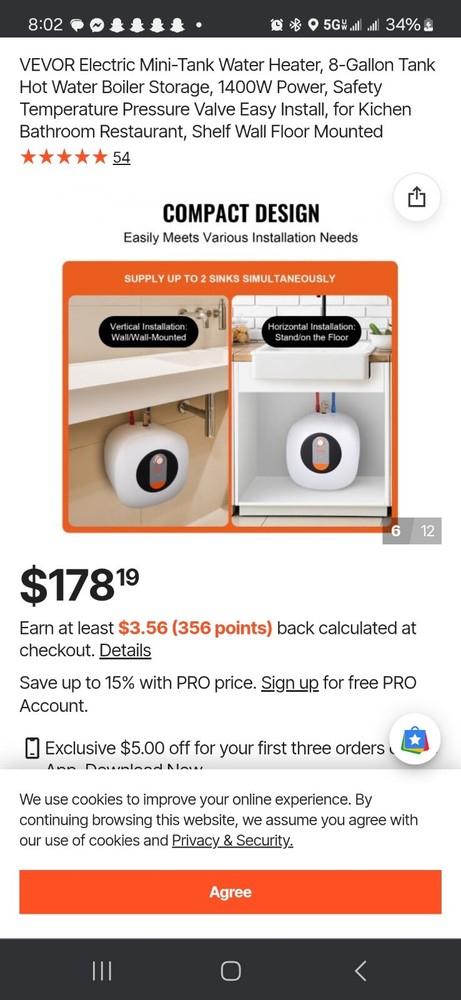 VEVOR 8 Gallon Electric Mini Tank Hot Water Heater Kitchen Sink Compact 1440W